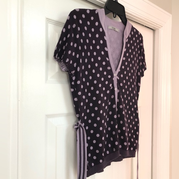 Silkwear Purple Polka Dot Buttoned V-Neck Belted Knit Cardigan Top Blouse - Picture 16 of 16